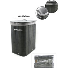Eco Lounge Gri Dikdörtgen 40X30CM - Y:60CM Bambu Ahşap Kirli Çamaşır Sepeti Seyyar Kapaklı Kumaş Çantalı Ip Kulplu BX40