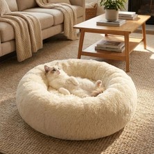 Eco Lounge Yuvarlak Ultra Yumuşak Welsoft Peluş Kedi ve Köpek Yatağı – Kaymaz Taban Tüylü Pet Pufu,uyku Minderi (Krem) BX40