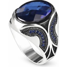 Mirari Jewelry Safir Renkli Zirkon Taşlı Oval Form Modern Erkek Yüzük | Premium 0,40 Mikron Gümüş Kaplama