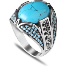 Mirari Jewelry Firuze Taşlı Örgü Motifli Erkek Yüzük | Premium 0,40 Mikron Gümüş Kaplama