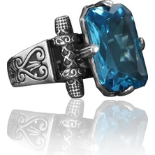 Mirari Jewelry Akuamarin Taşlı Dikdörtgen Kesim Vintage Motifli Erkek Yüzük | Premium 0,40 Mikron Gümüş Kaplama