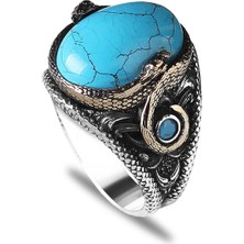 Mirari Jewelry Firuze Taşlı Yılan Motifli Işlemeli Erkek Yüzük | Premium 0,40 Mikron Gümüş Kaplama