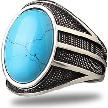 Mirari Jewelry Firuze Taşlı Oval Form Çizgi Detaylı Modern Erkek Yüzük | Premium 0,40 Mikron Gümüş Kaplama