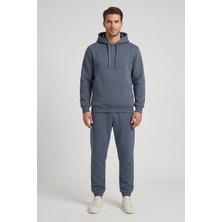 Machi Makiteks Füme Koyu Gri Erkek 3 Iplik Şardonlu Asimetrik Kesik Cepli Kapüşonlu Paçası Lastikli Eşofman Takımı - Sweatshirt ve Eşofman Altı Ikili Takım