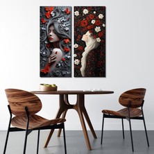 Tilki Dünyası 2'li Estetik Kadın Portresi, Kelebek ve Çiçek Temalı Kanvas Tablo Seti - Modern Duvar Dekoru (30X70 cm x 2 Parça)