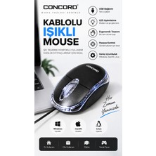 Concord USB Kablolu Işıklı Ergonomik Mouse – 3 Butonlu Tak Çalıştır Ofis & Bilgisayar Faresi