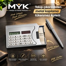 MYK Hediye ve Sanat Atölyesi Metal Kaplama Hesap Makineli Kartvizitlik ve Takıp Çıkarılabilir Tükenmez Kalem Seti