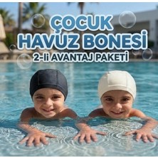 Tayuya Çocuk Havuz Bonesi 2'li Set Mikron Kumaş Kaymaz Lastikli Deniz ve Yüzme Bonesi Siyah Ekru (2-16) Yaş