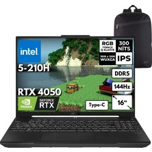 Asus Tuf F16 Intel 5-210H 40 GB DDR5 1 TB SSD RTX4050 (6GB-140W) 16" Wuxga 144Hz Freedos + Sırt Çantası FX607VU-RL146HMF7