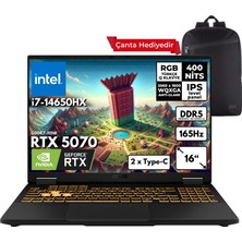 Asus Tuf Gaming F16 I7-14650HX 64-Gbddr5 4 Tbssd RTX5070 (8GB-GDDR7-115W) 16" 2.5k Wqxga 165Hz Windows 11 Pro Taşınabilir Bilgisayar + Sırt Çantası FX608JPR-QT002HMF29