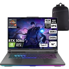 Asus Rog Strix G16 RYZEN9-8940HX 64-Gbddr5 4 Tbssd RTX5060 (8gb-Gddr7) 16" Wqxga 240Hz Windows 11 Pro + Hmf Sırt Çantası G614PM-S5062HMF28