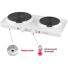 Simfer HP2500W Beyaz Hot Plate İki Gözlü Elektrikli Ocak (Çift Emniyetli Termostat , 2500W Krom Çember)