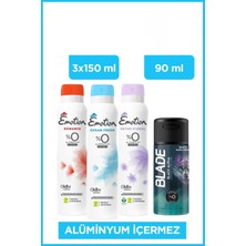 Emotion Detox Floral+Ocean Fresh+Romance Deodorant 3X150 ml & Blade Black Alpha Alüminyumsuz Deodorant 90 ml