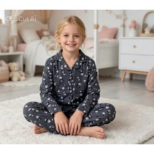 NiCe İç Giyim Kız Çocuk Panda Desenli Antrasit Renk Uzun Kollu Pijama Takım - Rahat Kesim Uyku Giyimiı