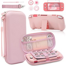 Pembe Seyahat Taşıma Çantası Aksesuar Seti Switch Lite Için, Sert Koruyucu Kapak Kılıf Standlı Kabuk, Cam Ekran Koruyucu, Başparmak Kavrama Kapakları