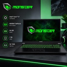 Monster Tulpar 16" Fhd+ 165 Hz Gaming Laptop Intel Core I7 13700HX 64GB Ram 1 Tb SSD Rtx 5060 8gb Freedos Rgb Klavye Güçlü Performans Oyun Bilgisayarı