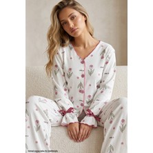 Siyah İnci Ekru Pembe Lale Desenli Bürümcük-Krınkıl Kurdele Detaylı Düğmeli Hırka Pijama Takım 26223921-14