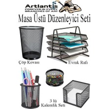 Masa Üstü Siyah Fileli Kalemlik Çöp Kovası ve 3 Katlı Evrak Rafı 5 Parça 1 Paket 5 Li Masa Üstü Düzenleyici Kalemlik Küp Notluk Ataşlık