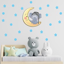 Ay Üzerinde Uyuyan Sevimli Fil, Mavi Yıldızlar ve Puantiyeler Duvar Sticker Seti - Bebek ve Çocuk Odası Dekoratif Duvar Çıkartması - Su Geçirmez, Leke