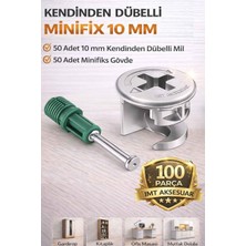 Imt Aksesuar 10 mm Kendinden Dübelli Minifix Gövde ve Mil Seti - Mobilya Bağlantı Elemanı (100 Parça) Metalik