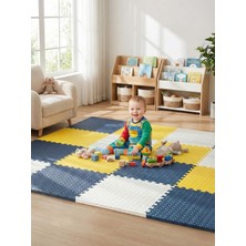 6 Parça 50X50 Puzzle Mat - 100X150 cm Kurulumlu Oyun Spor Matı Puzzle Halı Tatami 13M (Sarı-Lacivert-Beyaz)