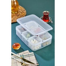 6'li Kapaklı Kahvaltılık Seti, Beyaz, Çizgili Vakumlu Bölmeli Tepsi, 1 Adet 40X23 cm Tepsi ve 6 Adet 10X10X5.3 cm Saklama Kabı, Bpa Free (Beyaz)