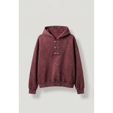 Abluka Online Erkek Boxy Fit Yıkamalı Metal Tokalı Kapüşonlu Sweatshirt Bordo