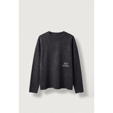 Abluka Online Erkek Boxy Fit Bisiklet Yaka Yıkamalı Baskılı Sweatshirt Siyah