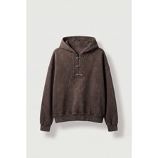 Abluka Online Erkek Boxy Fit Yıkamalı Metal Tokalı Kapüşonlu Sweatshirt Kahverengi