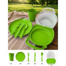 32 Parça Piknik Seti Tabak Çatal Kaşık Bıçak Bardak 6 Kişilik Gezi Set Kahvaltı Makinede Yıkanabilir Set (Yeşil)