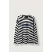 Abluka Online Erkek Oversize Bisiklet Yaka Çizgili Sweatshirt Ekru-Füme