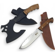Surlaz Kamp Bıçak Seti, Ahşap Saplı Bıçak ve Balta, Deri Kılıflı, Outdoor Set, Piknik Doğa Bıçak Seti