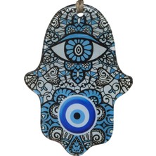 Dantel Motifli Cam Hamsa Eli Duvar Dekoru - Nazar Boncuklu Jüt Ipli Süs 10X15 cm