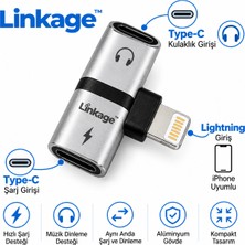 Linkage Lightning Uyumlu 2'si 1 Arada Çift Type-C Şarj ve Kulaklık Dönüştürücü Adaptör – iPhone Uyumlu