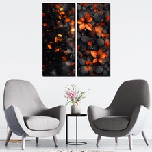 Tilki Dünyası 2'li Turuncu ve Siyah Sonbahar Yaprakları Temalı Kanvas Tablo Seti - Modern Duvar Dekoru - 30X70 cm