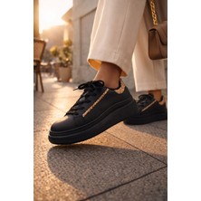 Shine Siyah Kadın Sneaker Gold Detaylı Kalın Taban Premium Günlük Ayakkabı Rahat Yürüyüş Ayakkabısı
