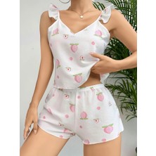Fashioncolic Şeftali Desenli Fırfır Askılı Şortlu Pijama Takımı
