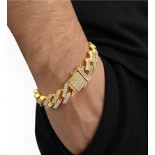 15 Mm. Gold Kalın Taşlı Alloy Erkek Bileklik