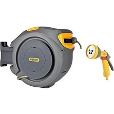 2401-3460H Duvara Monte 20 M Hortumlu Otomatik Geri Sarmalı Hortum Toplama Makara Seti + 2669H Multi Sprey Yuvarlak Başlıklı 5 Ayarlı Hortum Tabancası Hediyeli
