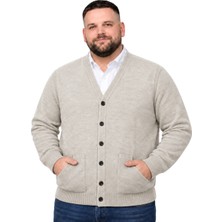Battal Moda Erkek Büyük Beden Bej Cepli Düğmeli Triko Hırka 3xl-4xl-5xl-6xl