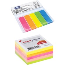 Ayrex 250'LI Yapışkanlı Not Kağıdı 50X50MM + Mas Yapışkan Plastik Film Index 5'li, Neon Ren