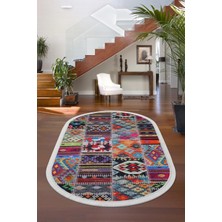 Ayrex 9010 Patchwork Temalı Saçaklı Dijital Oval Halı Kaymaz Yıkanabilir Yolluk, Multi 80X700