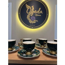 Ogeda Home 6'lı Çiçek Tabaklı Gold Detaylı Fincan Takımı , Yeşil - 6 Kişilik Gold Detaylı Çiçek Desenli Yeşil Fincan Seti