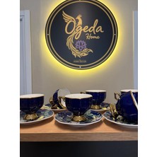 Ogeda Home 6'lı Çiçek Tabaklı Gold Detaylı Fincan Takımı , Lacivert - 6 Kişilik Gold Detaylı Çiçek Desenli Lacivert Fincan Seti