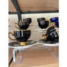 Ogeda Home 6'lı Çiçek Tabaklı Gold Detaylı Fincan Takımı , Siyah - 6 Kişilik Gold Detaylı Çiçek Desenli Siyah Fincan Seti