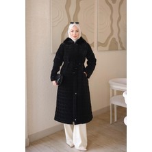 İmaj Butik Siyah Bel Bağlamalı Yaka Kürklü Kapitone Uzun Mont