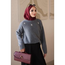 İmaj Butik Füme Bisiklet Yaka Taşlı Angora Yumoş Triko Kazak