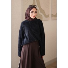 İmaj Butik Siyah Bisiklet Yaka Taşlı Angora Yumoş Triko Kazak