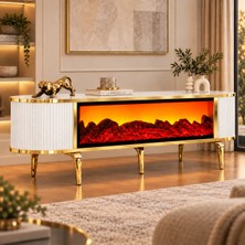 Şömineli Tv Sehpası Gold Ayak Bluetooth Hoparlörlü 3 Renk Mavi,kirmizi,turuncu Kumandali 160 cm