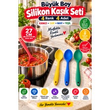 Open City 4'lü Set Kırmızı Sarı Mavi Yeşil, Büyük Boy Silikon Kaşık Seti 27 Cm, Yemek Pişirme ve Servis Kaşığı